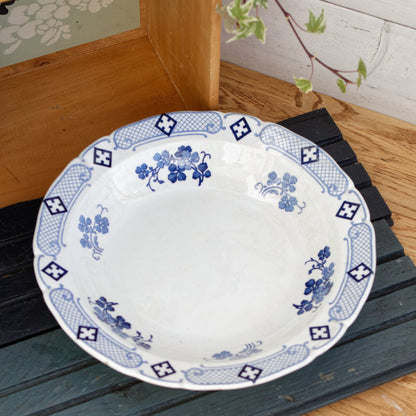 French Antique Ironstone Round Serving Bowl K&G (Keller et Guerin) Luneville Terre de fer en Faience Blue Transferware