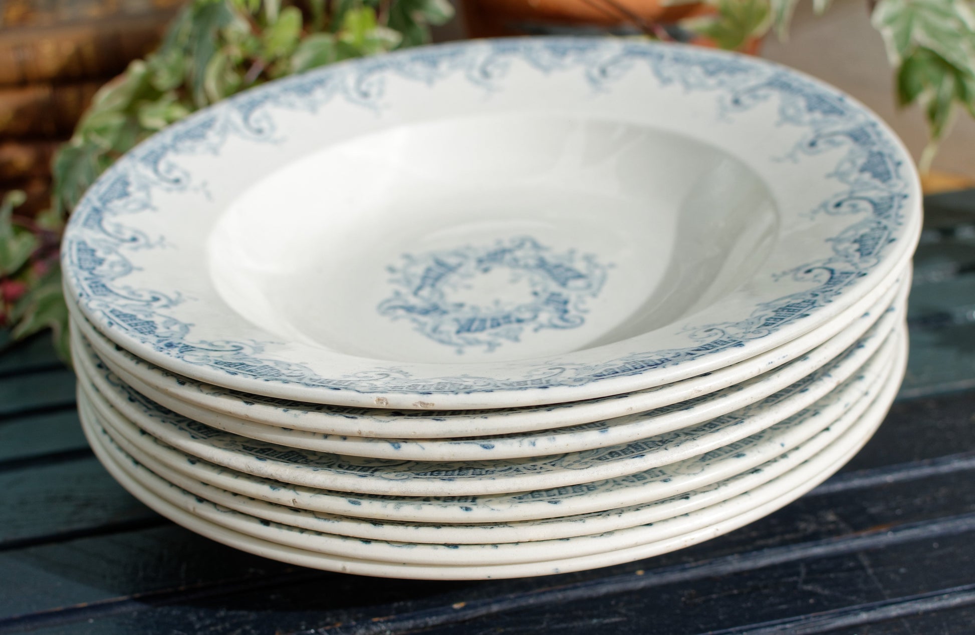 K&G (Keller et Guérin) Luneville French Vintage Ironstone Blue Transferware Soup Plate Terre de Fer