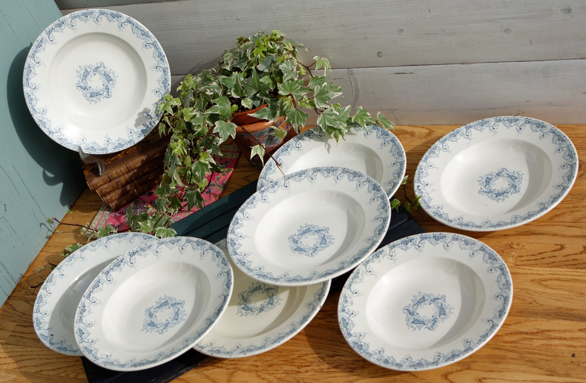 K&G (Keller et Guérin) Luneville French Vintage Ironstone Blue Transferware Soup Plate Terre de Fer