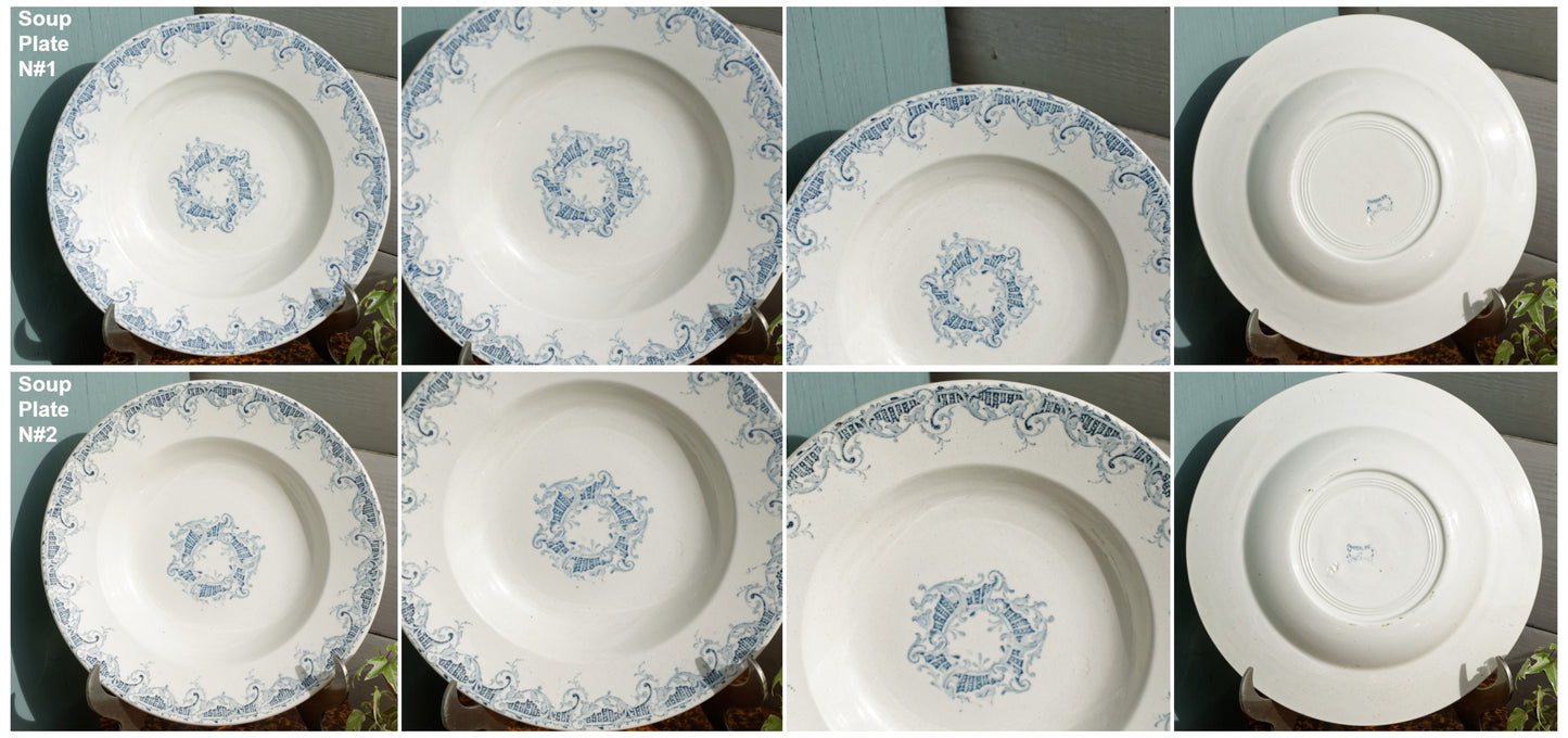 K&G (Keller et Guérin) Luneville French Vintage Ironstone Blue Transferware Soup Plate Terre de Fer