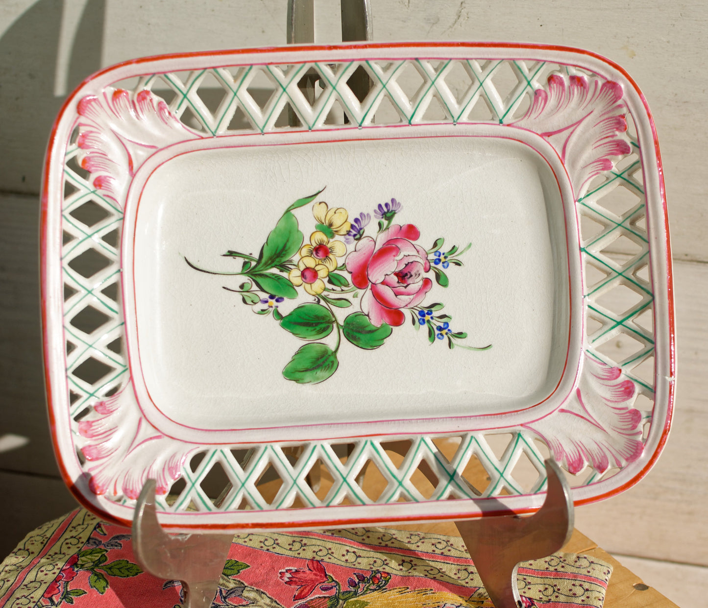 Reverbere K&G (Keller et Guérin) Lunéville Corbeille French Antique Ceramic Ironstone Hand-Painted 2-Piece Basket Weave Basket Panier Corbeille Faience Terre de Fer