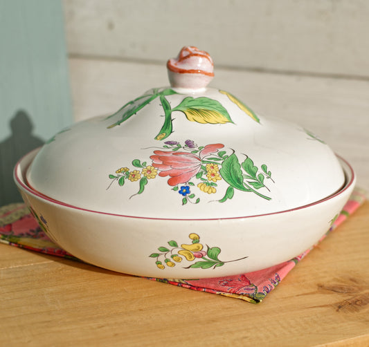 French Hand-Painted Lidded Serving Bowl Reverbere Selemont France 2712 KG Luneville Demi Porcelaine