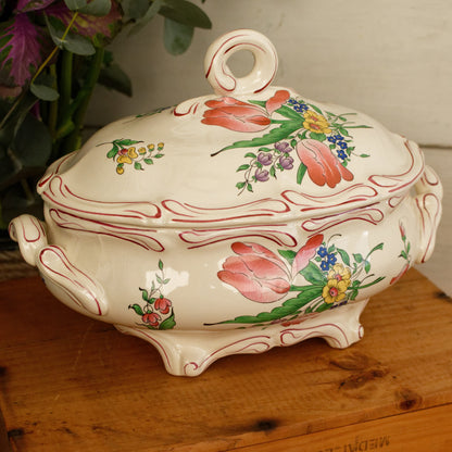 Reverbere K&G (Keller et Guérin) Lunéville French Antique Ironstone Hand-Painted Polychrome Soup Tureen Soupiere Terre de Fer en Faience