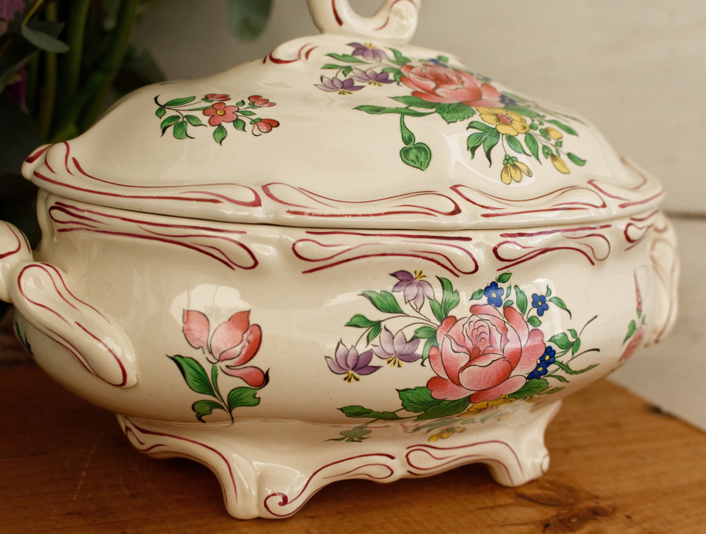 Reverbere K&G (Keller et Guérin) Lunéville French Antique Ironstone Hand-Painted Polychrome Soup Tureen Soupiere Terre de Fer en Faience
