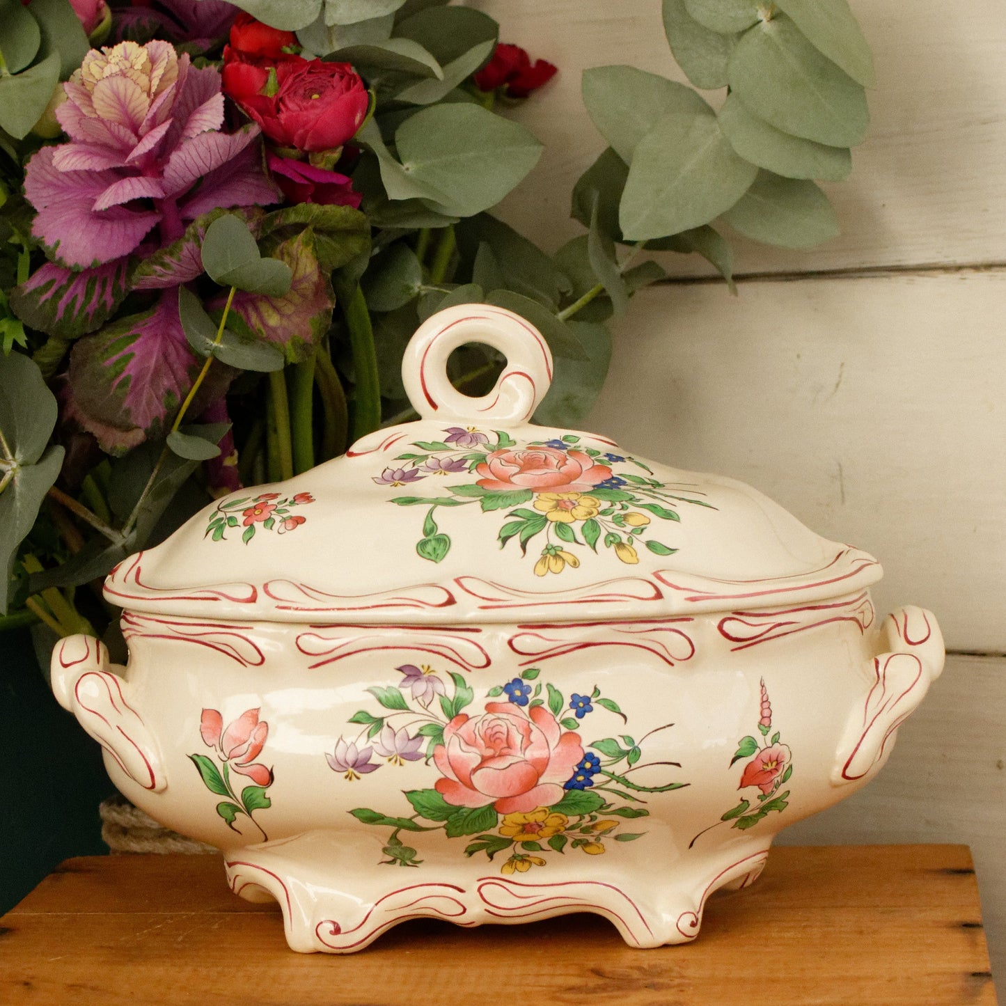 Reverbere K&G (Keller et Guérin) Lunéville French Antique Ironstone Hand-Painted Polychrome Soup Tureen Soupiere Terre de Fer en Faience