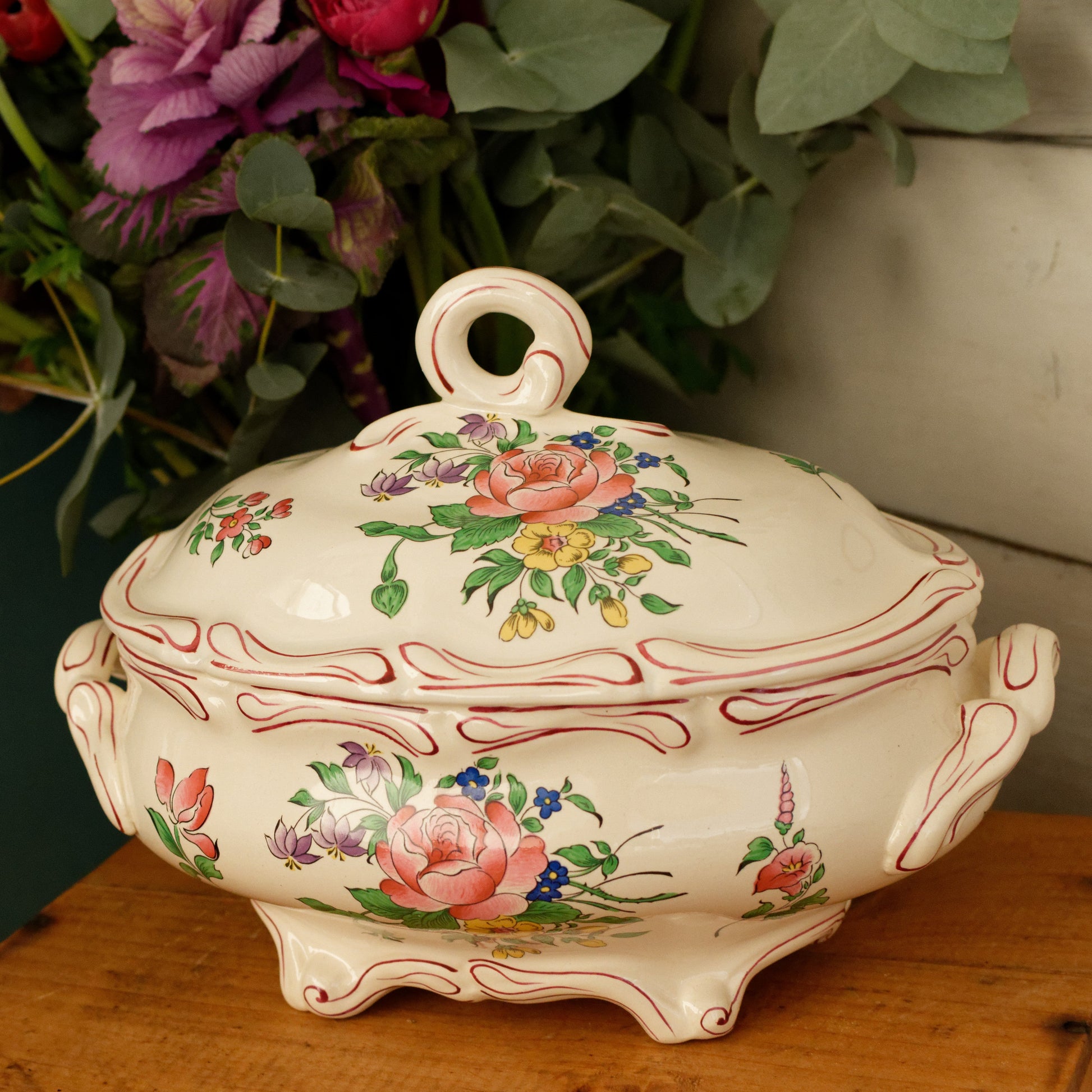 Reverbere K&G (Keller et Guérin) Lunéville French Antique Ironstone Hand-Painted Polychrome Soup Tureen Soupiere Terre de Fer en Faience