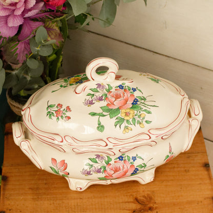Reverbere K&G (Keller et Guérin) Lunéville French Antique Ironstone Hand-Painted Polychrome Soup Tureen Soupiere Terre de Fer en Faience