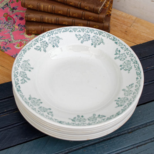 K&G (Keller et Guérin) Luneville French Vintage Ironstone Green Transferware Soup Plate Terre de Fer