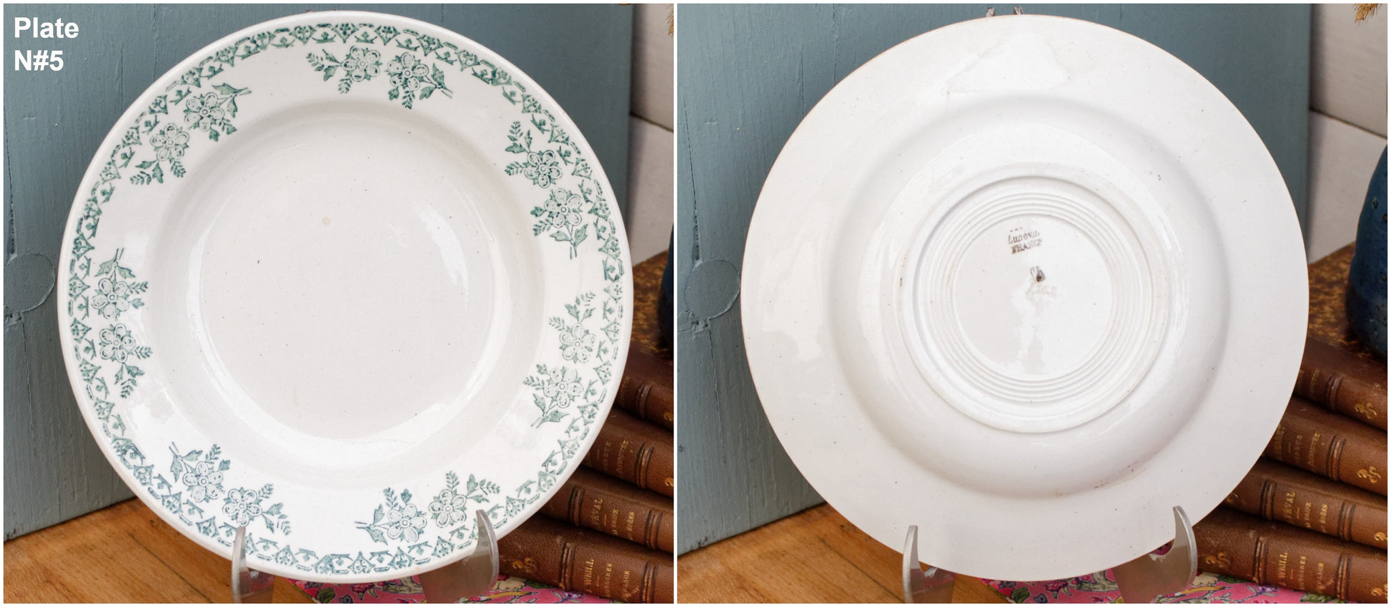 K&G (Keller et Guérin) Luneville French Vintage Ironstone Green Transferware Soup Plate Terre de Fer