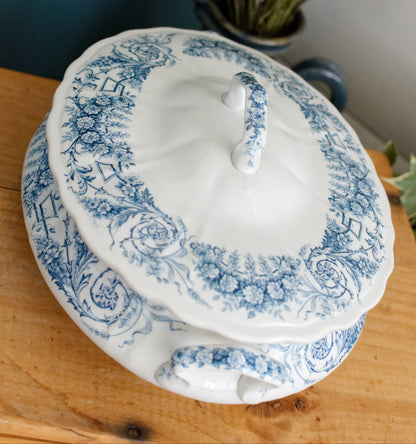 LAMBALLE Motif St Amand et Hamage Nord French Antique Ironstone Blue Transferware Soup Tureen Soupiere Terre de Fer Faience