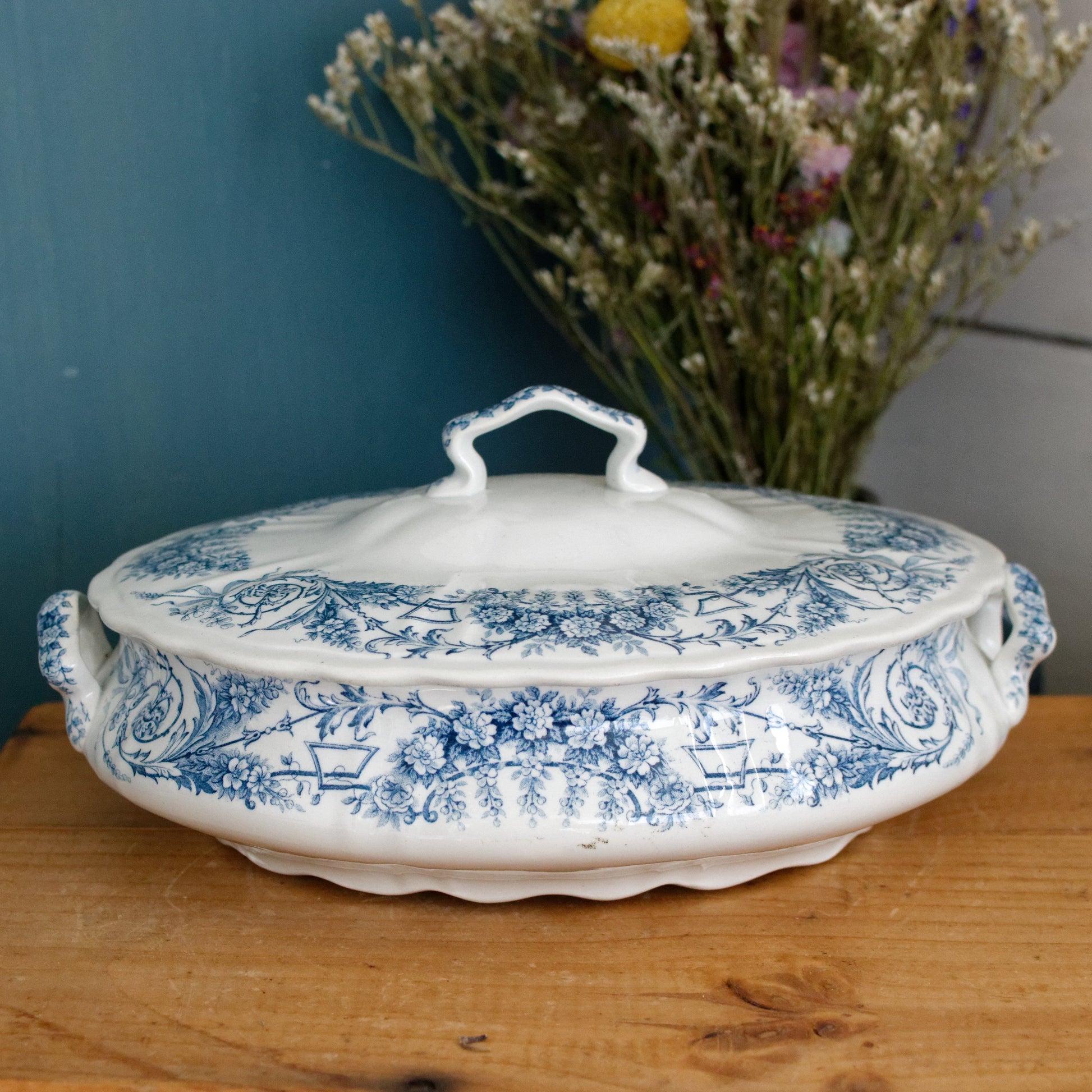 LAMBALLE Motif St Amand et Hamage Nord French Antique Ironstone Blue Transferware Soup Tureen Soupiere Terre de Fer Faience