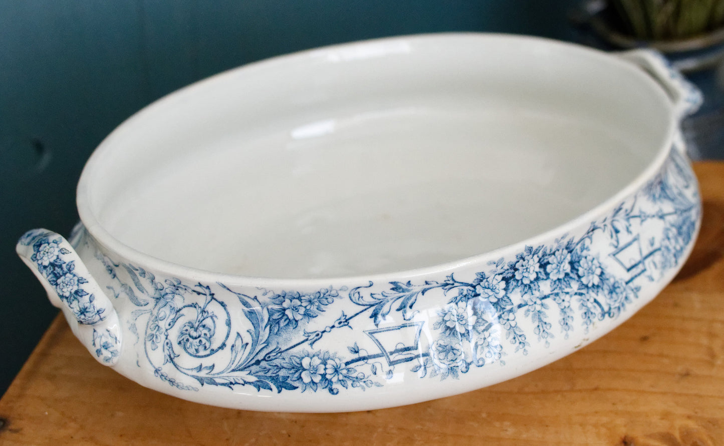 1900s ~ LAMBALLE Motif ~ St Amand et Hamage Nord ~ French Antique Ironstone Blue Transferware Soup Tureen "Soupiere" ~ Terre de Fer Faience