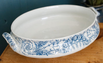 1900s ~ LAMBALLE Motif ~ St Amand et Hamage Nord ~ French Antique Ironstone Blue Transferware Soup Tureen "Soupiere" ~ Terre de Fer Faience
