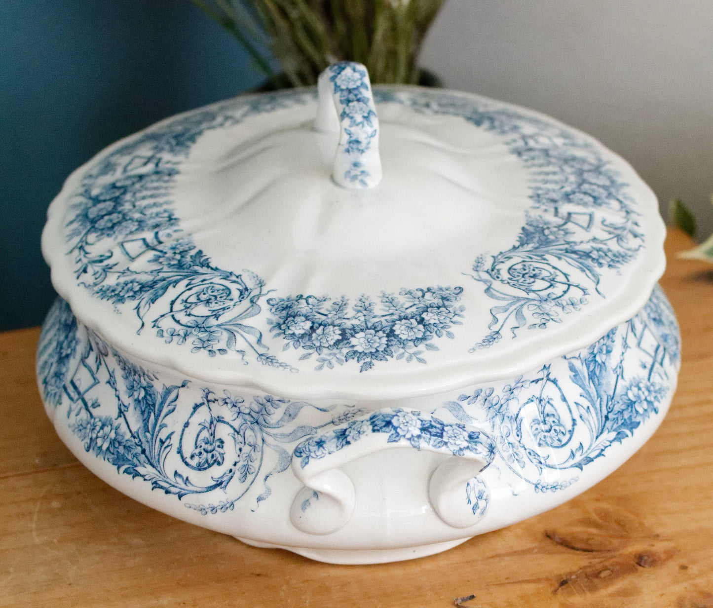 LAMBALLE Motif St Amand et Hamage Nord French Antique Ironstone Blue Transferware Soup Tureen Soupiere Terre de Fer Faience