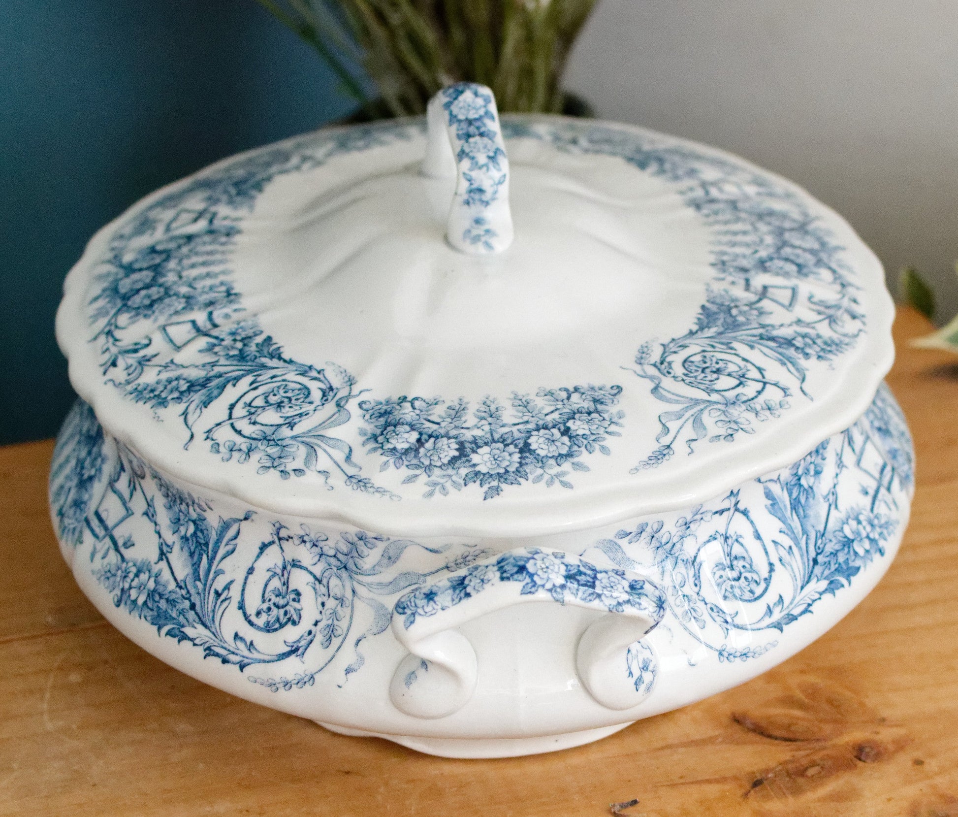 LAMBALLE Motif St Amand et Hamage Nord French Antique Ironstone Blue Transferware Soup Tureen Soupiere Terre de Fer Faience