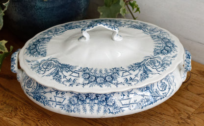 1900s ~ LAMBALLE Motif ~ St Amand et Hamage Nord ~ French Antique Ironstone Blue Transferware Soup Tureen "Soupiere" ~ Terre de Fer Faience
