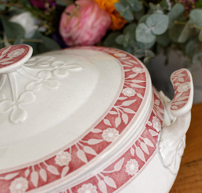 Service Varsovie LABRADOR CREIL et MONTEREAU Depose France French Antique Ironstone Red Transferware Soup Tureen "Soupiere" Terre de Fer en Faience