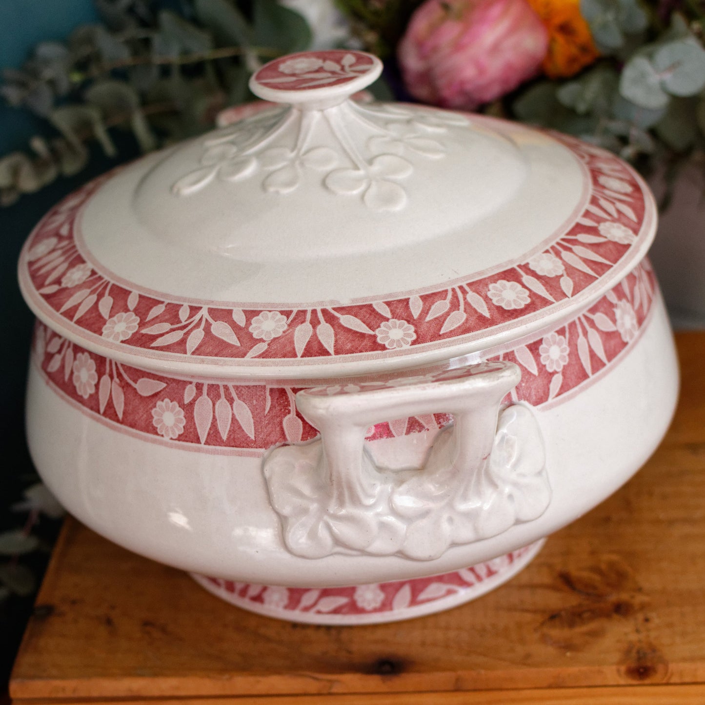 Service Varsovie LABRADOR CREIL et MONTEREAU Depose France French Antique Ironstone Red Transferware Soup Tureen "Soupiere" Terre de Fer en Faience
