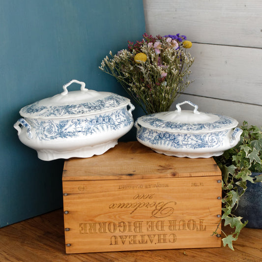 LAMBALLE St Amand et Hamage Nord  French Antique Ironstone Blue Transferware Soup Tureen Soupiere Terre de Fer Faience