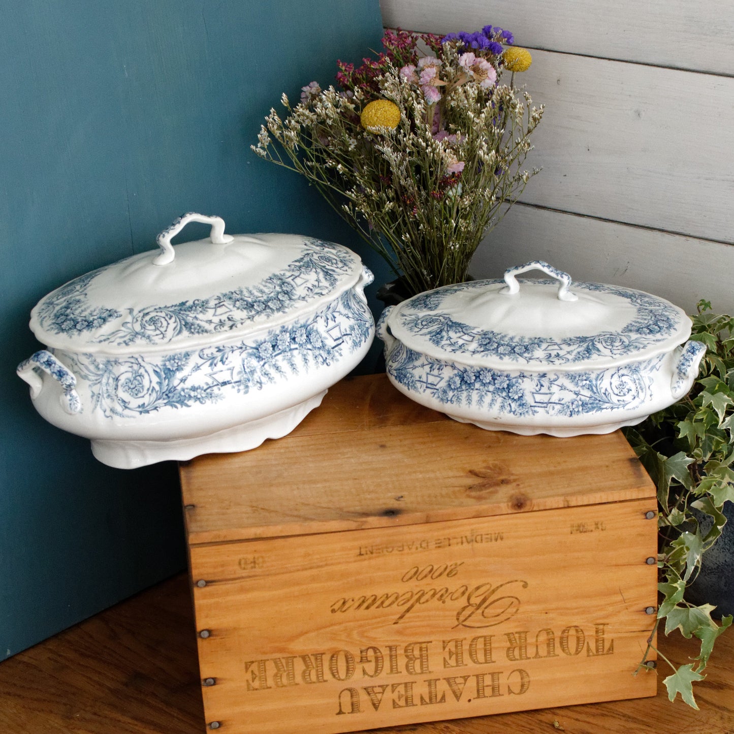 LAMBALLE St Amand et Hamage Nord  French Antique Ironstone Blue Transferware Soup Tureen Soupiere Terre de Fer Faience