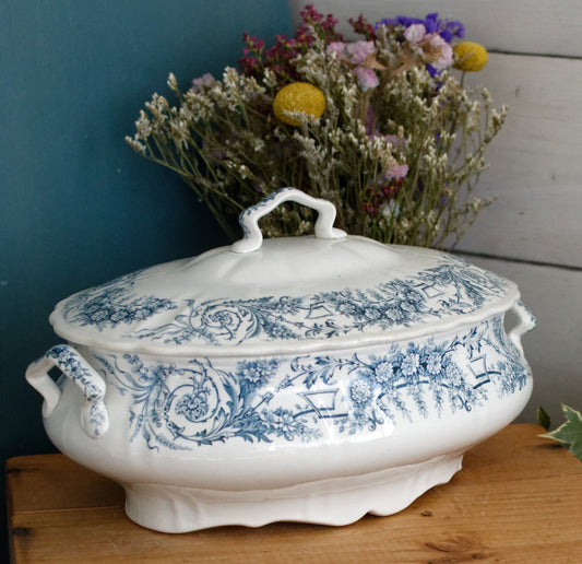 LAMBALLE St Amand et Hamage Nord  French Antique Ironstone Blue Transferware Soup Tureen Soupiere Terre de Fer Faience