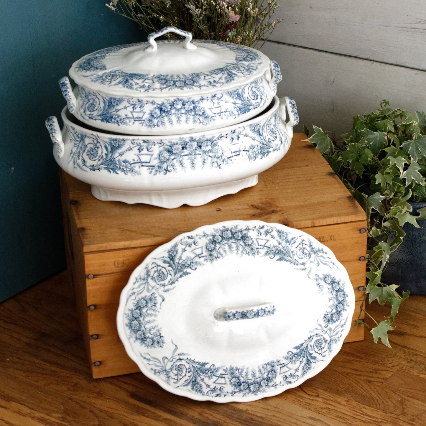 1900s ~ LAMBALLE Motif ~ St Amand et Hamage Nord ~ French Antique Ironstone Blue Transferware Soup Tureen "Soupiere" ~ Terre de Fer Faience