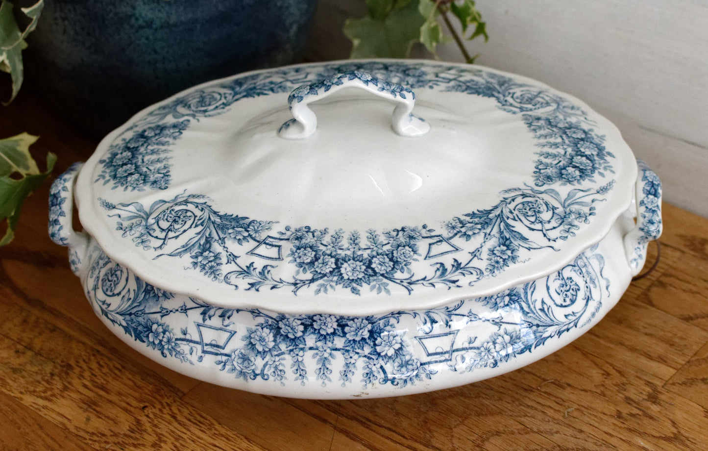 LAMBALLE St Amand et Hamage Nord  French Antique Ironstone Blue Transferware Soup Tureen Soupiere Terre de Fer Faience