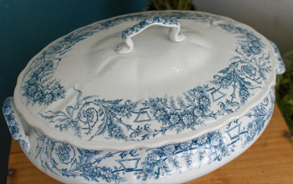 LAMBALLE St Amand et Hamage Nord  French Antique Ironstone Blue Transferware Soup Tureen Soupiere Terre de Fer Faience