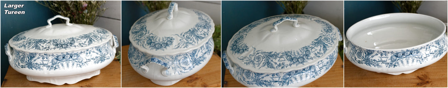 LAMBALLE St Amand et Hamage Nord  French Antique Ironstone Blue Transferware Soup Tureen Soupiere Terre de Fer Faience