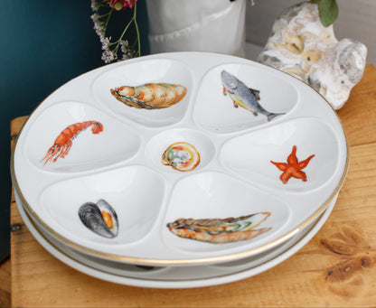 1950s E.B.F. LIMOGES Porcelaine France French Vintage Fine Porcelain Oyster "Huître" Shellfish Plate with 6 Wells Terre de Fer en Faience