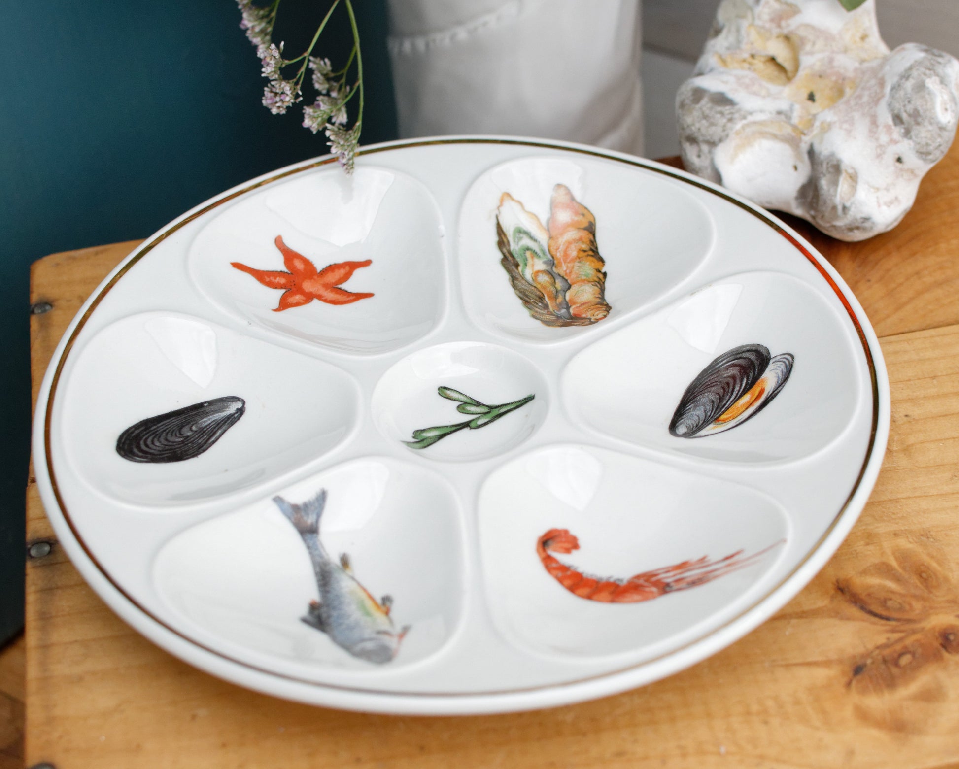 1950s E.B.F. LIMOGES Porcelaine France French Vintage Fine Porcelain Oyster "Huître" Shellfish Plate with 6 Wells Terre de Fer en Faience
