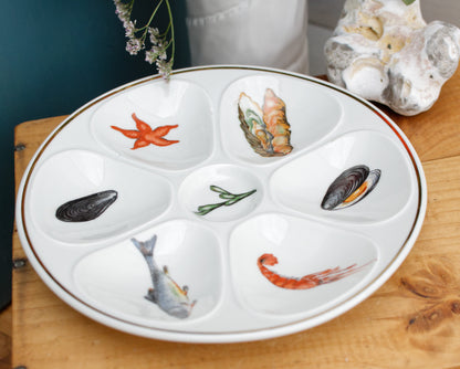 1950s E.B.F. LIMOGES Porcelaine France French Vintage Fine Porcelain Oyster "Huître" Shellfish Plate with 6 Wells Terre de Fer en Faience