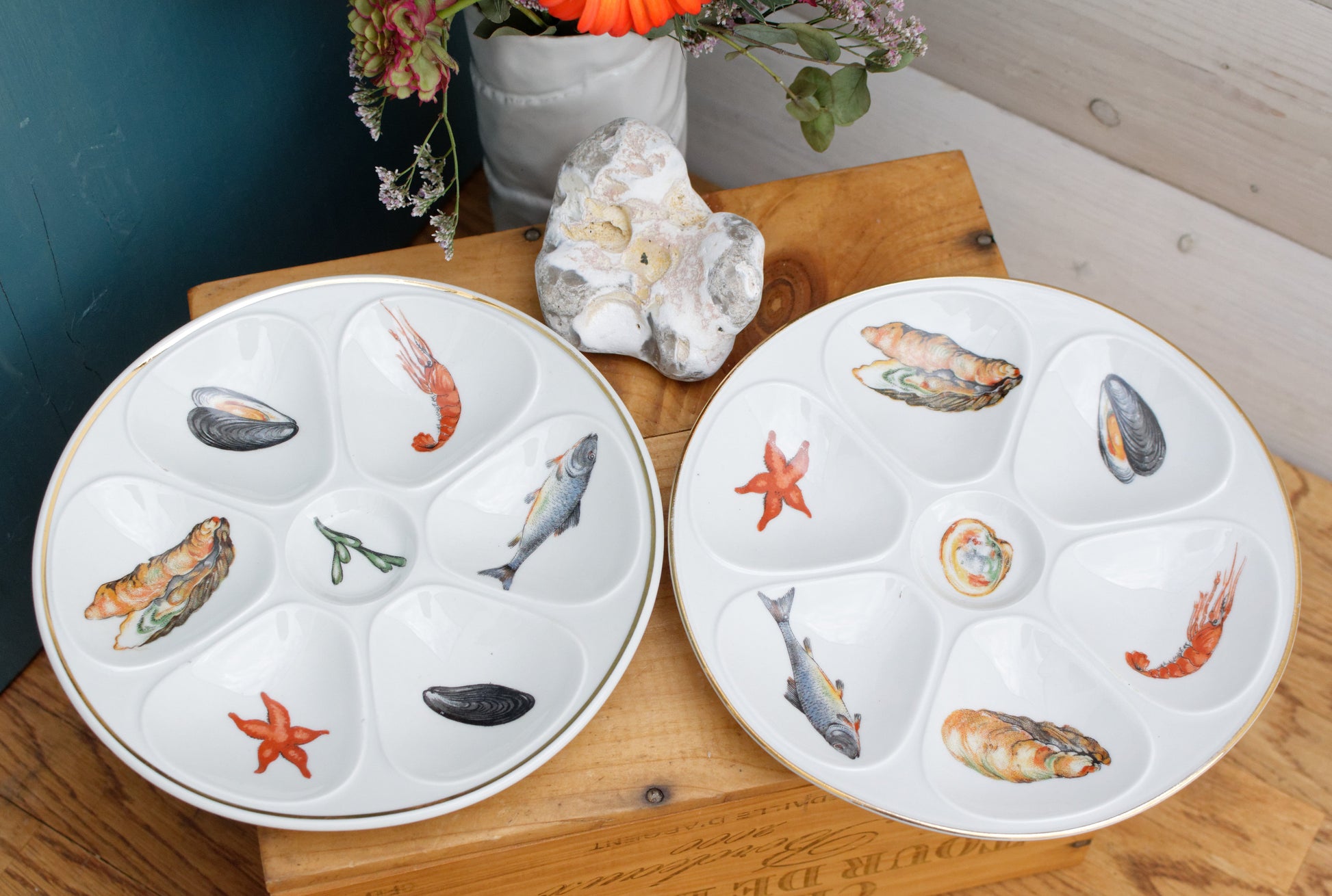 1950s E.B.F. LIMOGES Porcelaine France French Vintage Fine Porcelain Oyster "Huître" Shellfish Plate with 6 Wells Terre de Fer en Faience