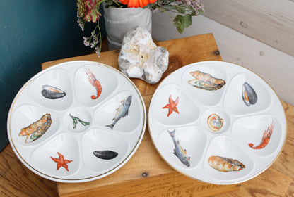 1950s E.B.F. LIMOGES Porcelaine France French Vintage Fine Porcelain Oyster "Huître" Shellfish Plate with 6 Wells Terre de Fer en Faience