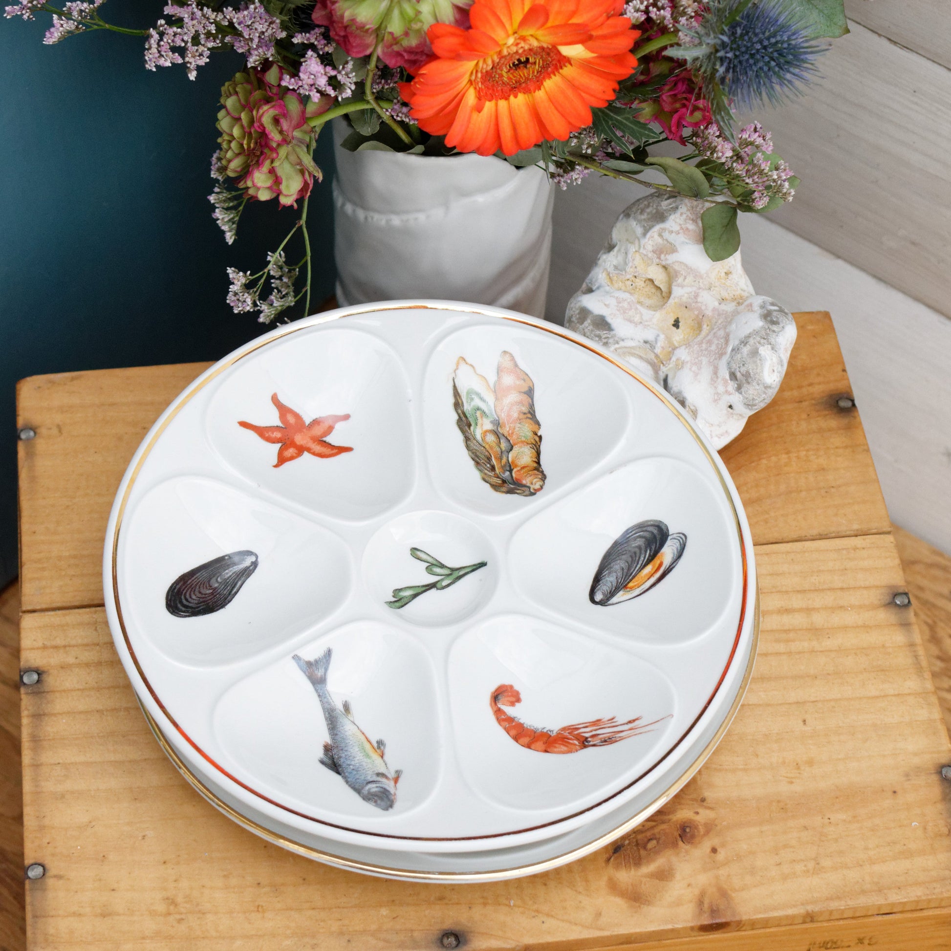 1950s E.B.F. LIMOGES Porcelaine France French Vintage Fine Porcelain Oyster "Huître" Shellfish Plate with 6 Wells Terre de Fer en Faience