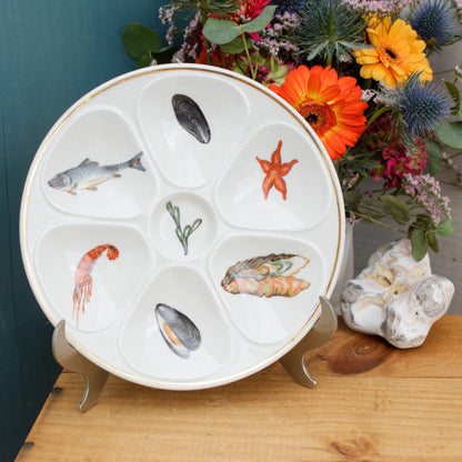 1950s E.B.F. LIMOGES Porcelaine France French Vintage Fine Porcelain Oyster "Huître" Shellfish Plate with 6 Wells Terre de Fer en Faience