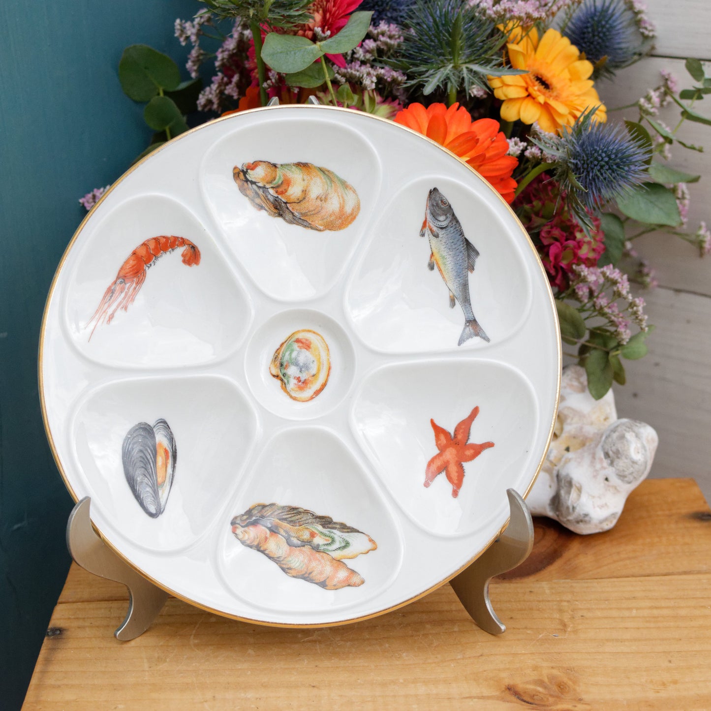 1950s E.B.F. LIMOGES Porcelaine France French Vintage Fine Porcelain Oyster "Huître" Shellfish Plate with 6 Wells Terre de Fer en Faience