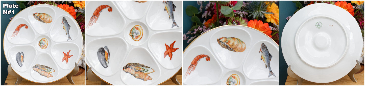 1950s E.B.F. LIMOGES Porcelaine France French Vintage Fine Porcelain Oyster "Huître" Shellfish Plate with 6 Wells Terre de Fer en Faience