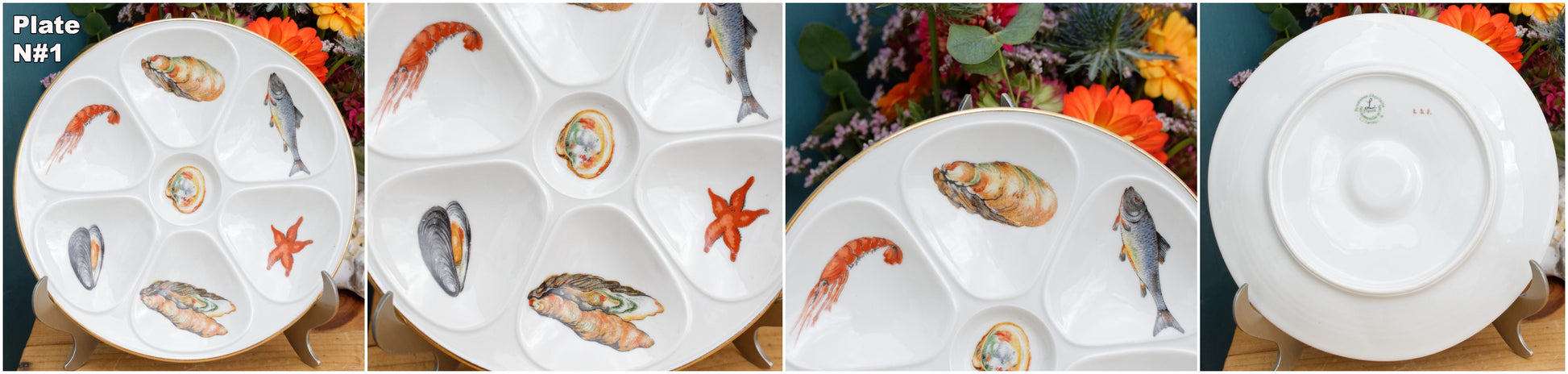 1950s E.B.F. LIMOGES Porcelaine France French Vintage Fine Porcelain Oyster "Huître" Shellfish Plate with 6 Wells Terre de Fer en Faience