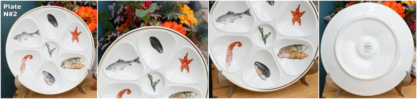 1950s E.B.F. LIMOGES Porcelaine France French Vintage Fine Porcelain Oyster "Huître" Shellfish Plate with 6 Wells Terre de Fer en Faience