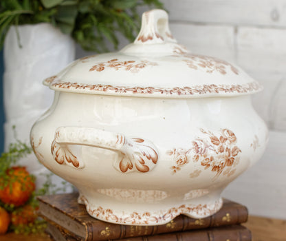 1890s ~ LUCIE Terre de Fer H.B. & Cie (Hautin, Boulenger) Choisy-Le-Roi ~ French Antique Ironstone Brown Transferware Soup Tureen "Soupiere" ~ Terre de Fer Faience