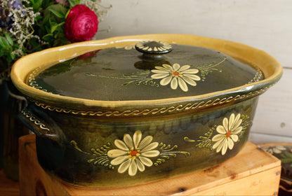 French Vintage Large Alsace SOUFFLENHEIM BAECKEOFFE Cocotte en Terre Cuite Olive Green Oval Lidded Stoneware Terrine Cookware Casserole Dish Made in France