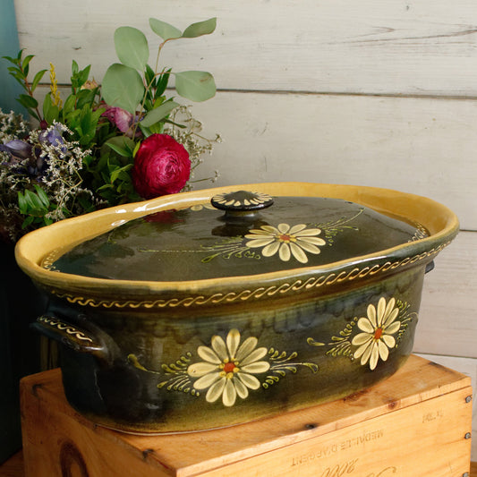 French Vintage Large Alsace SOUFFLENHEIM BAECKEOFFE Cocotte en Terre Cuite Olive Green Oval Lidded Stoneware Terrine Cookware Casserole Dish Made in France
