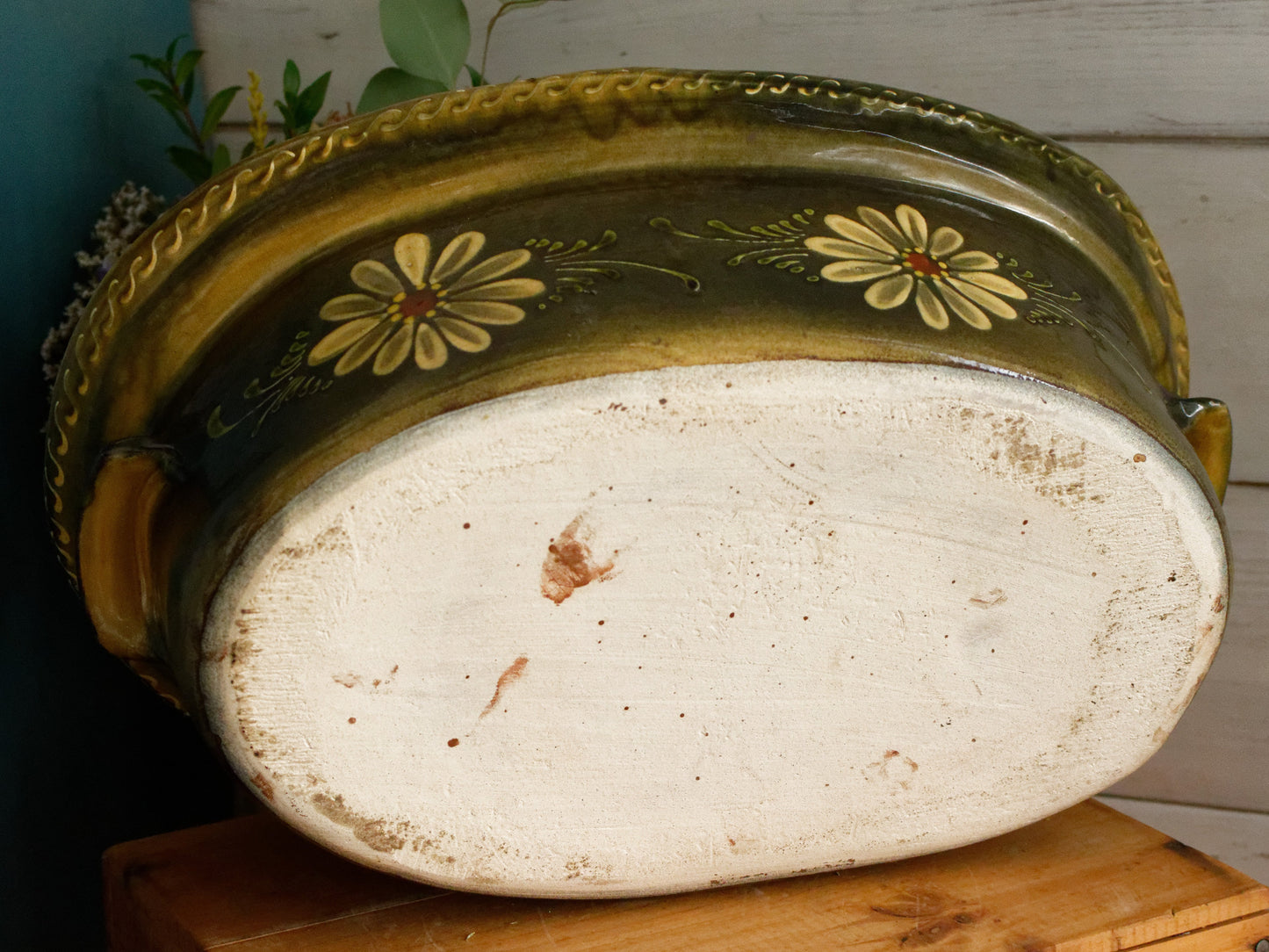 French Vintage Large Alsace SOUFFLENHEIM BAECKEOFFE Cocotte en Terre Cuite Olive Green Oval Lidded Stoneware Terrine Cookware Casserole Dish Made in France