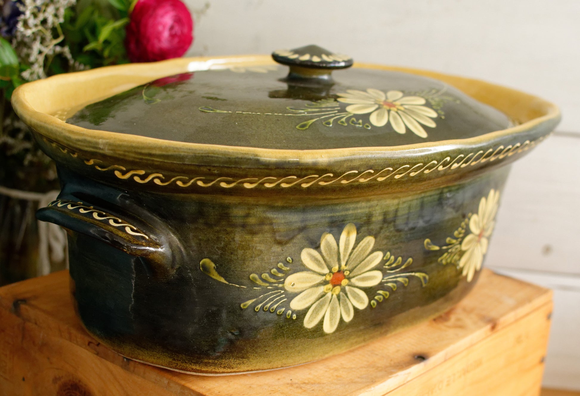 French Vintage Large Alsace SOUFFLENHEIM BAECKEOFFE Cocotte en Terre Cuite Olive Green Oval Lidded Stoneware Terrine Cookware Casserole Dish Made in France