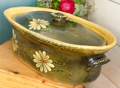 French Vintage Large Alsace SOUFFLENHEIM BAECKEOFFE Cocotte en Terre Cuite Olive Green Oval Lidded Stoneware Terrine Cookware Casserole Dish Made in France