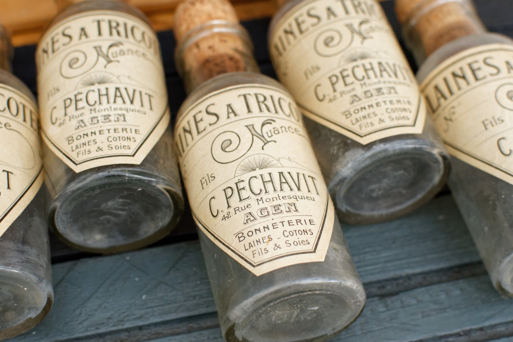 French Vintage Collectible Advertising Glass Bottle Set of 5  Bonneterie LAINE COTONS FILS & SOIES Laines au Tricot Fils Nuance C Pechavit 42 Rue Montesquieu AGEN