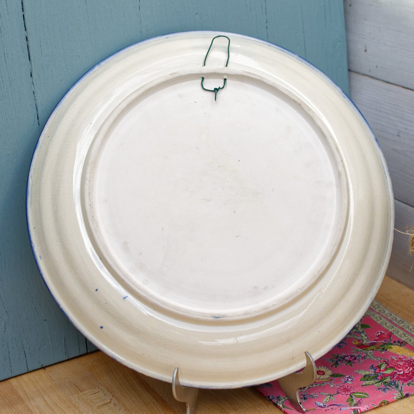 French Vintage Stoneware Hanging Blue Floral Plate Platter