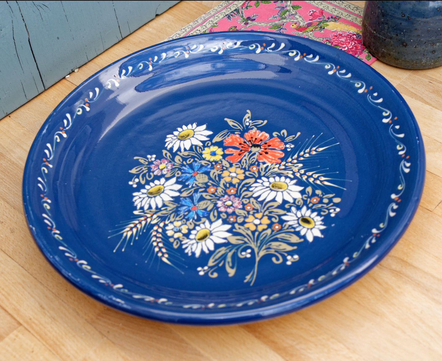 French Vintage Stoneware Hanging Blue Floral Plate Platter