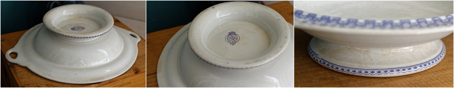T&B TURIN Motif Antique Ironstone Porcelain Lavender Transferware Covered Serving Plate Cloche ou Compotier Terre de Fer en Faience